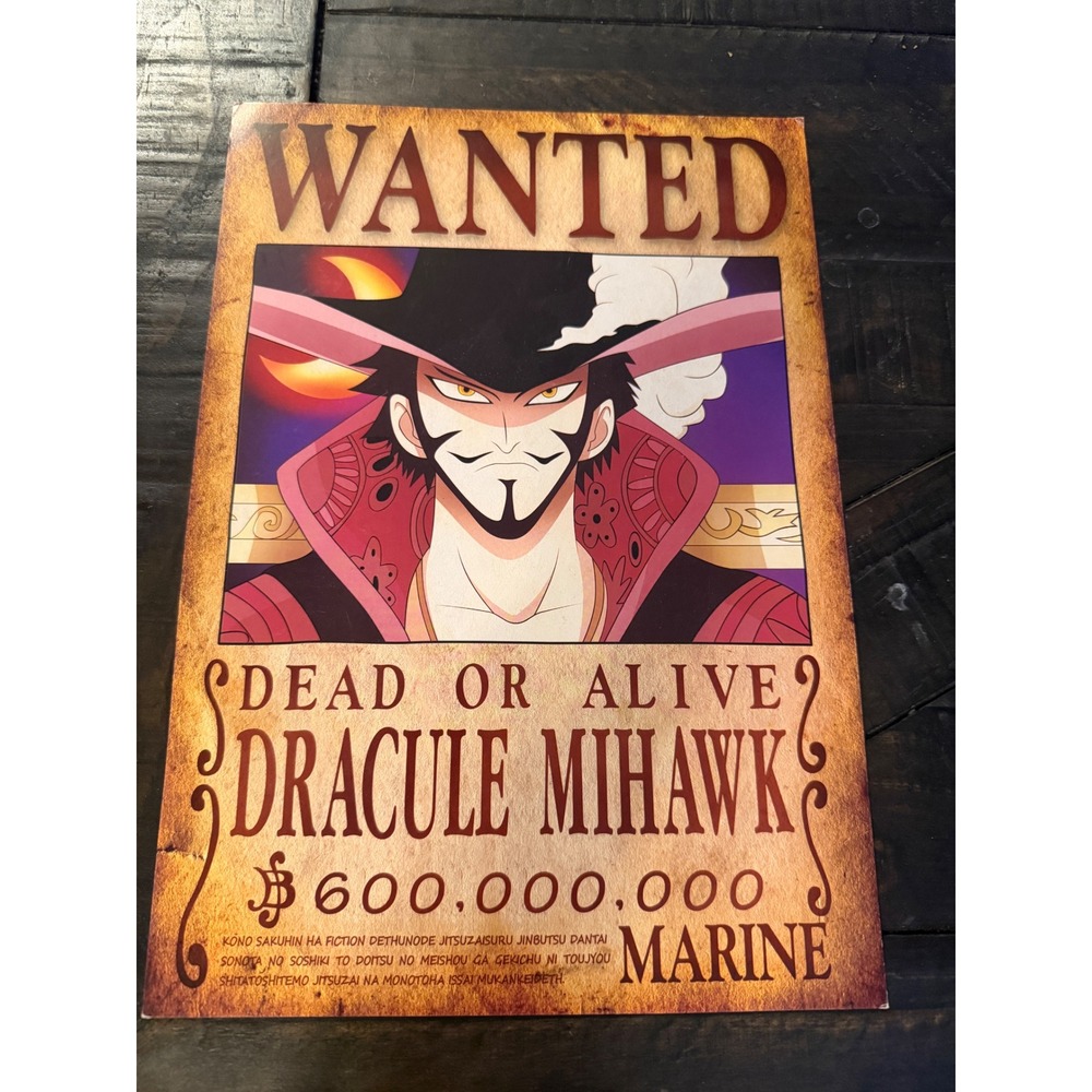 One Piece Dracule Mihawk Wanted Poster Anime Bounty Card 600M Berries